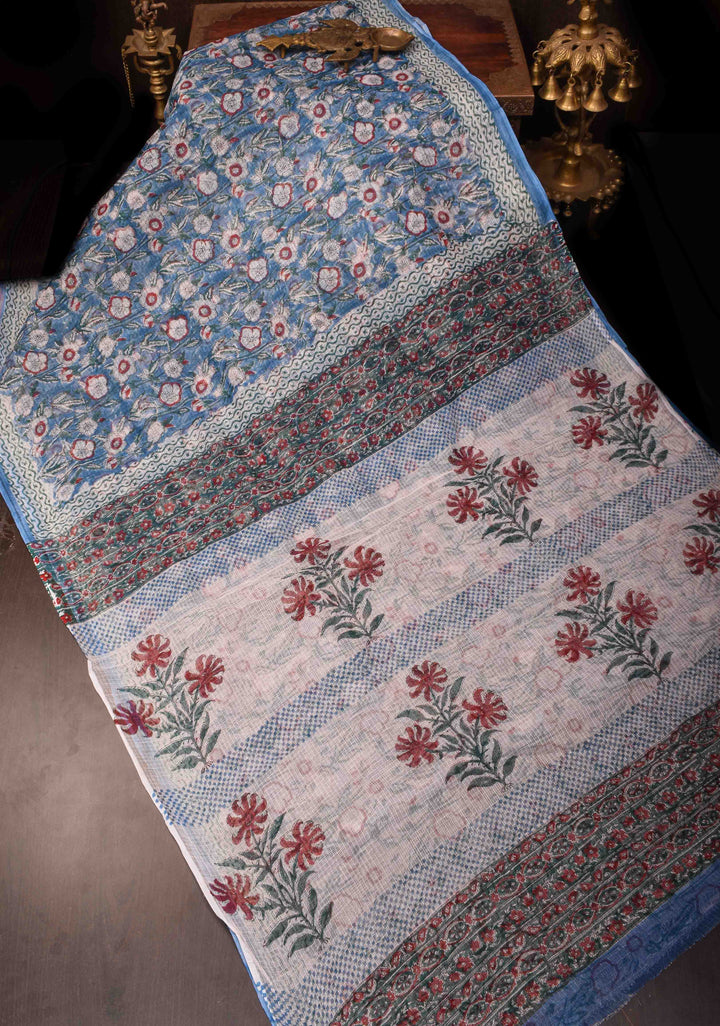 Bluebell Blue Kota Doria Cotton Saree with Sanganeri Hand Block Print and minimal Zari border