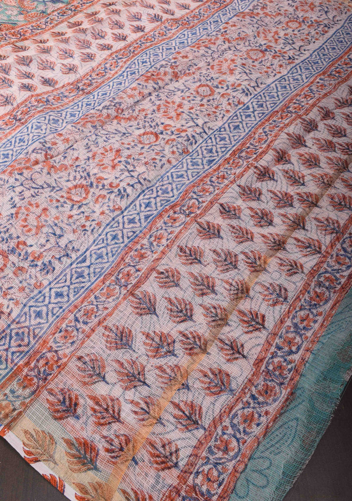 Blue Kota Doria Cotton Saree with Sanganeri Hand Block Print