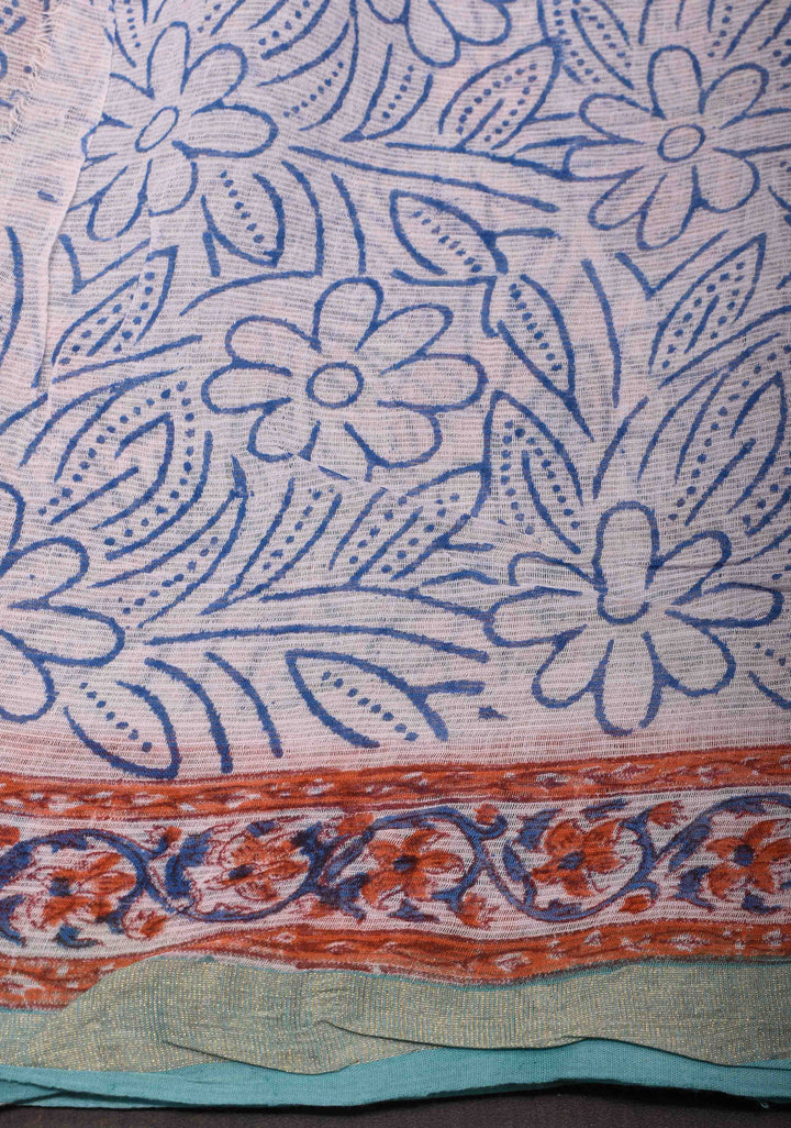 Blue Kota Doria Cotton Saree with Sanganeri Hand Block Print