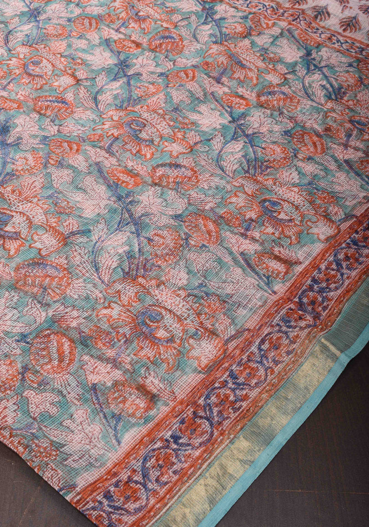 Blue Kota Doria Cotton Saree with Sanganeri Hand Block Print