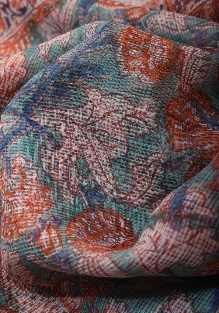 Blue Kota Doria Cotton Saree with Sanganeri Hand Block Print