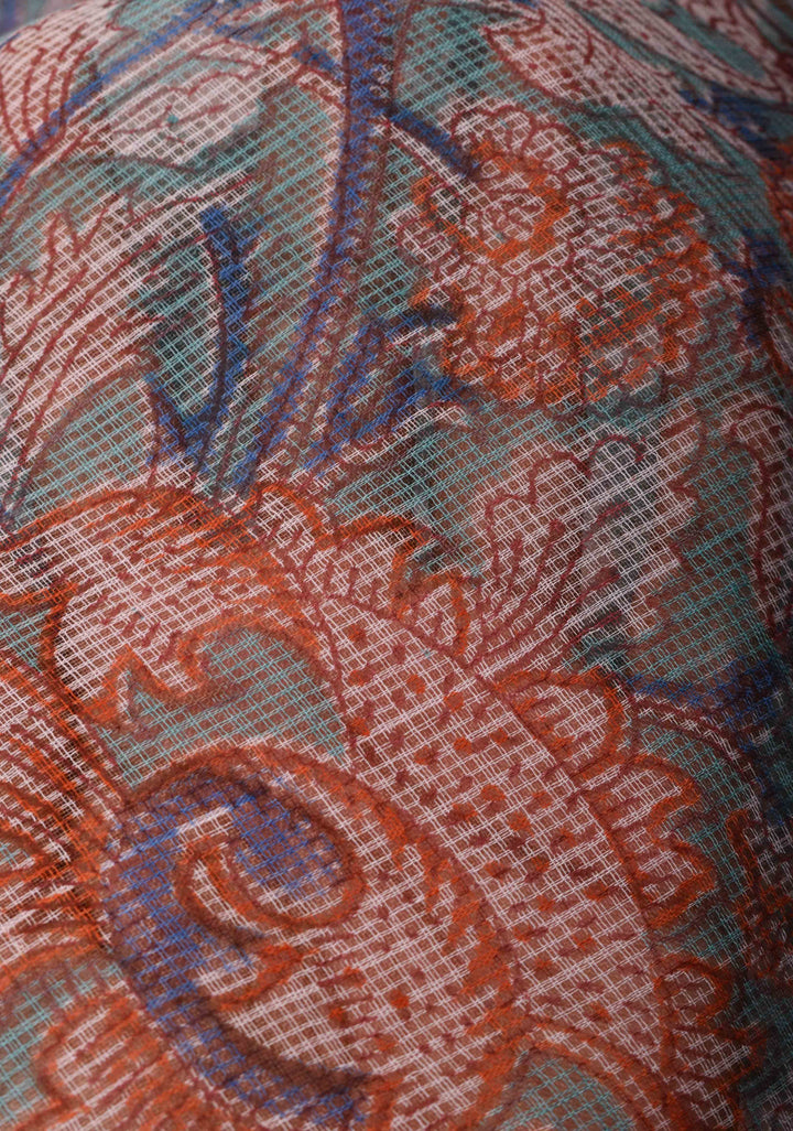 Blue Kota Doria Cotton Saree with Sanganeri Hand Block Print