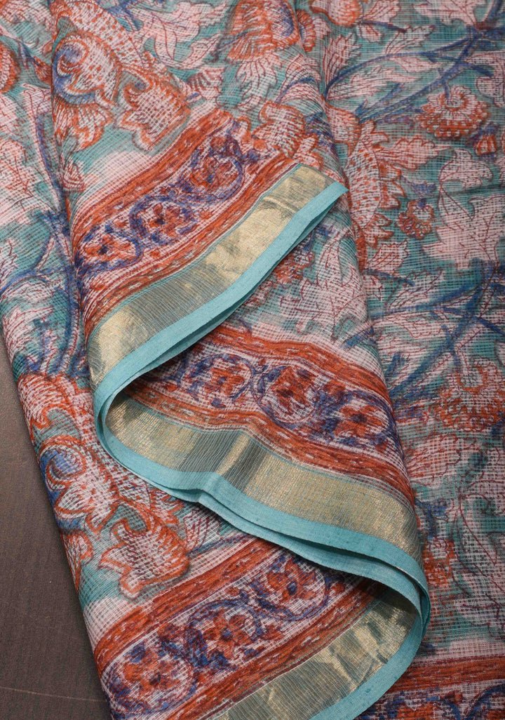 Blue Kota Doria Cotton Saree with Sanganeri Hand Block Print