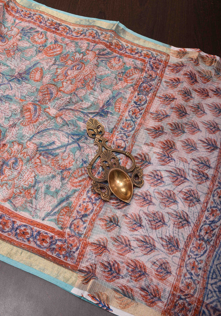 Blue Kota Doria Cotton Saree with Sanganeri Hand Block Print