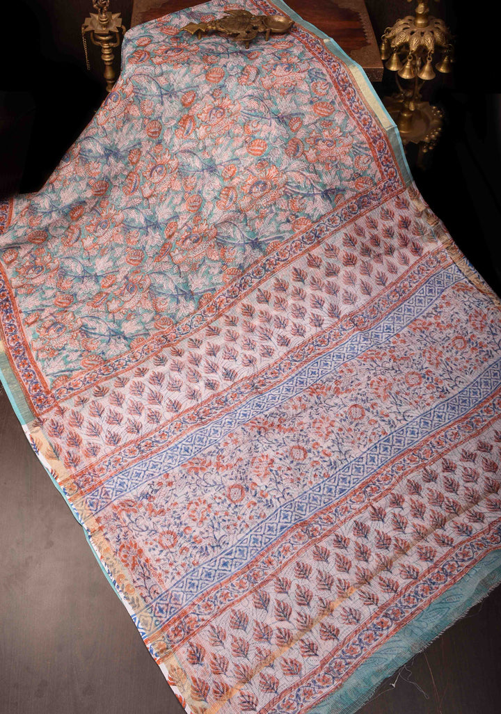Blue Kota Doria Cotton Saree with Sanganeri Hand Block Print
