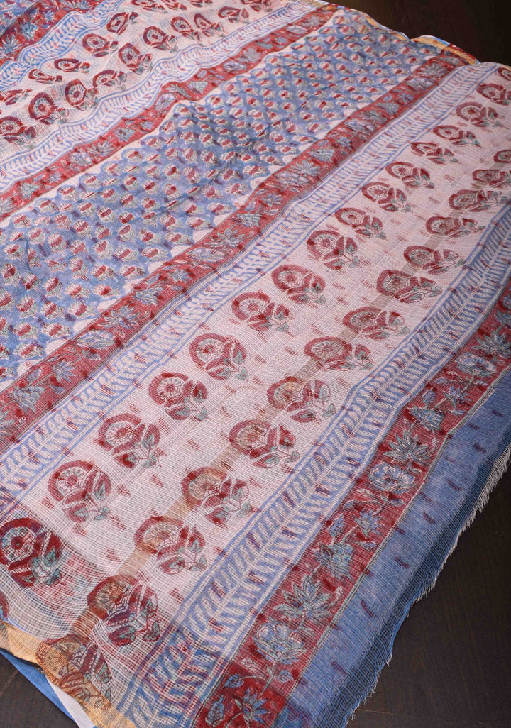 Blue Kota Doria Cotton Saree with Sanganeri Hand Block Print