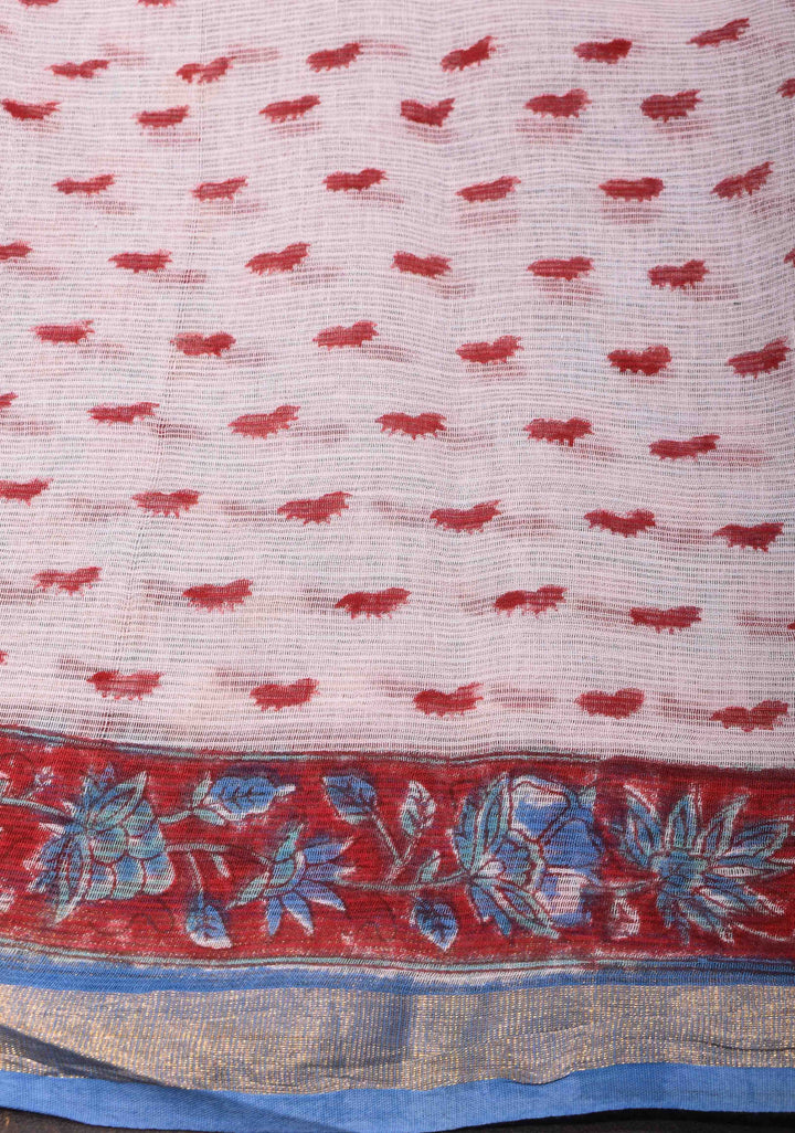 Blue Kota Doria Cotton Saree with Sanganeri Hand Block Print