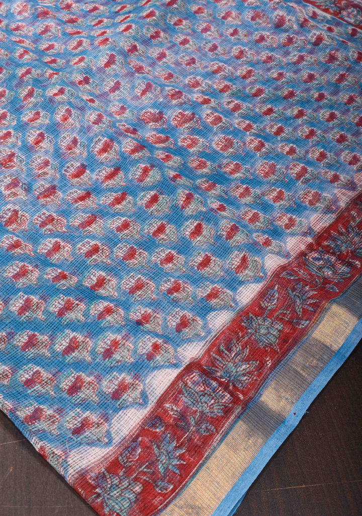 Blue Kota Doria Cotton Saree with Sanganeri Hand Block Print