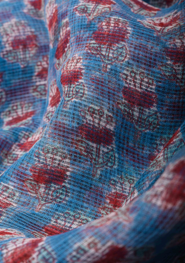 Blue Kota Doria Cotton Saree with Sanganeri Hand Block Print