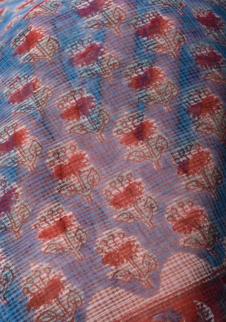 Blue Kota Doria Cotton Saree with Sanganeri Hand Block Print