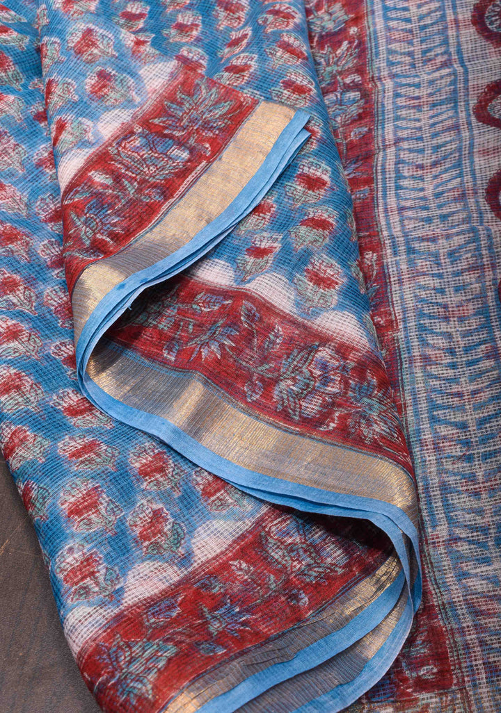 Blue Kota Doria Cotton Saree with Sanganeri Hand Block Print