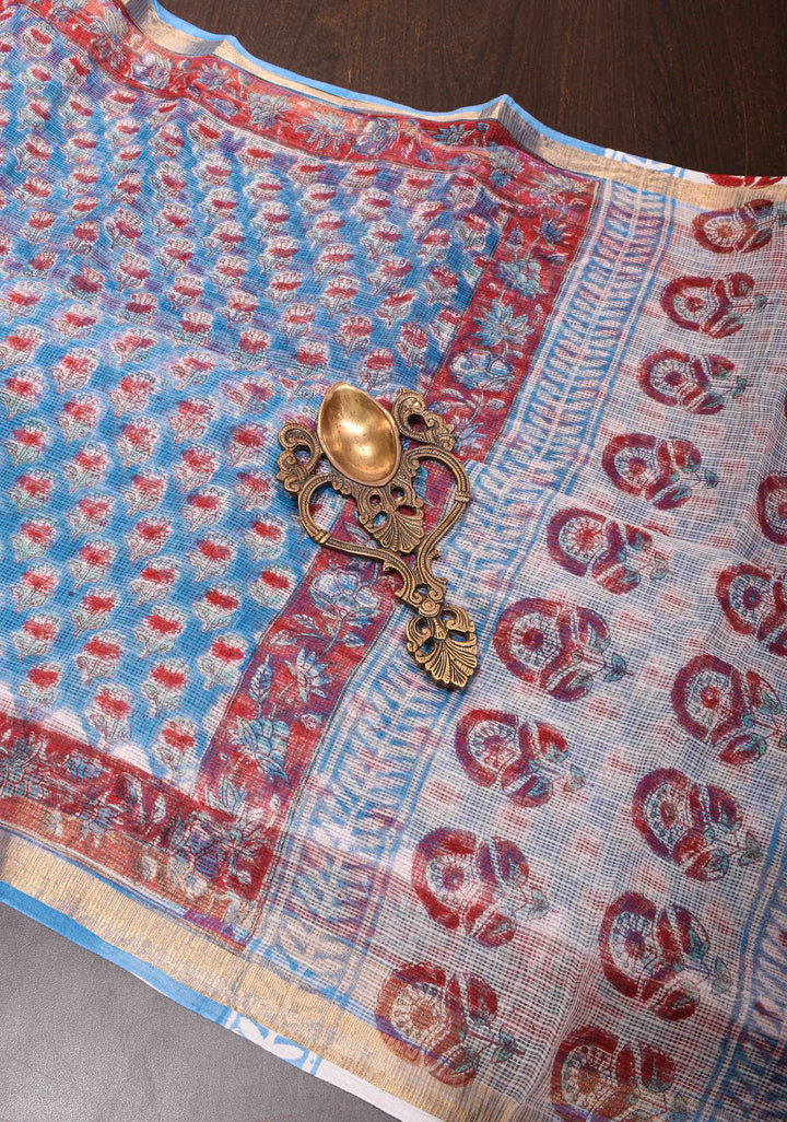 Blue Kota Doria Cotton Saree with Sanganeri Hand Block Print