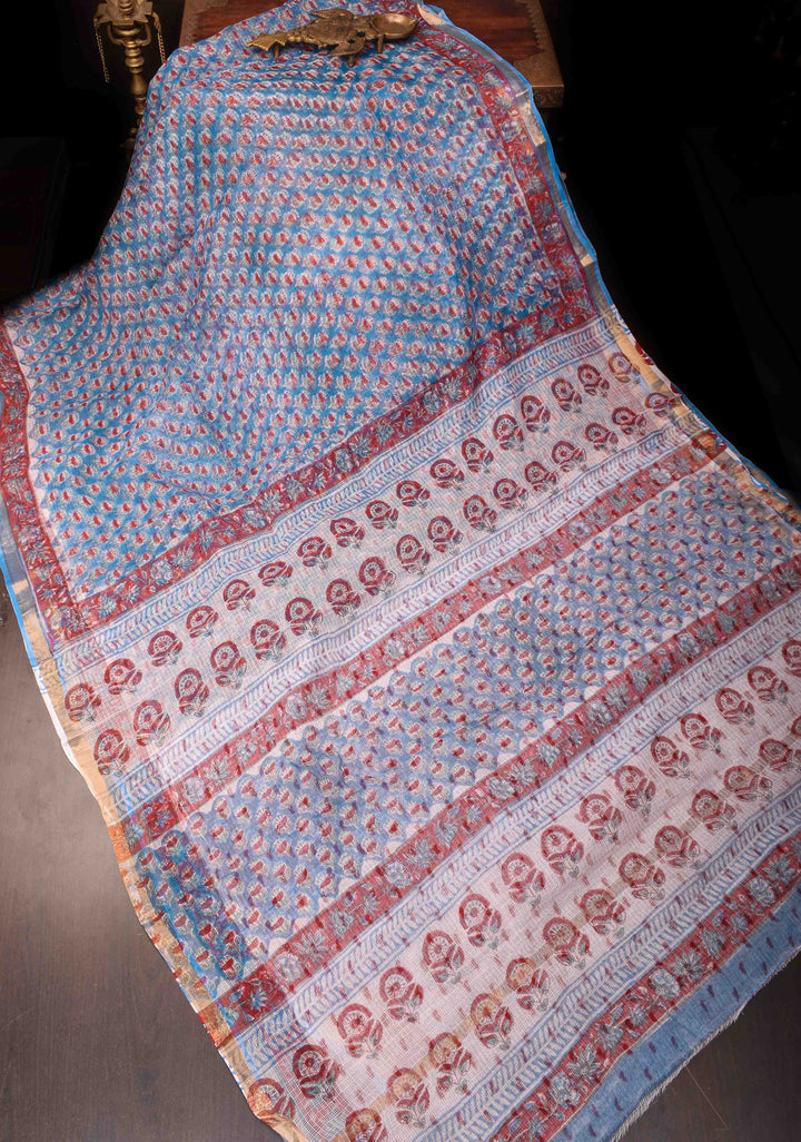 Blue Kota Doria Cotton Saree with Sanganeri Hand Block Print