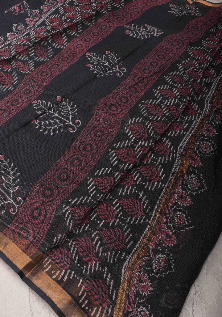 Black Kota Doria Cotton Saree with Sanganeri Hand Block Print and Minimal Zari Border