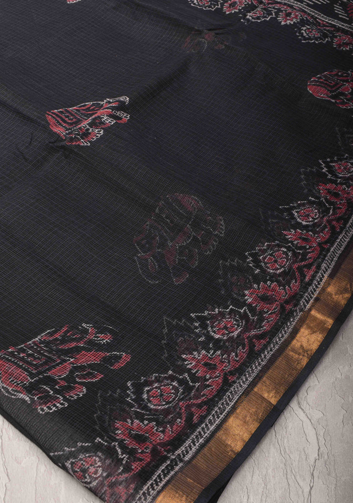 Black Kota Doria Cotton Saree with Sanganeri Hand Block Print and Minimal Zari Border