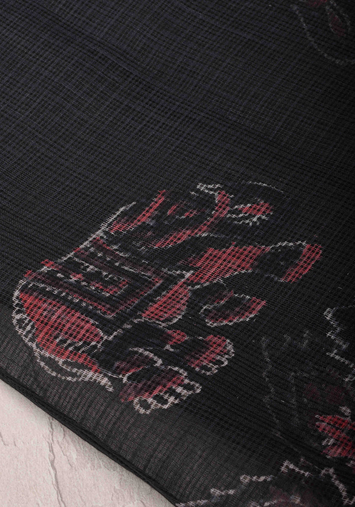 Black Kota Doria Cotton Saree with Sanganeri Hand Block Print and Minimal Zari Border