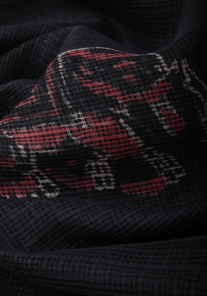 Black Kota Doria Cotton Saree with Sanganeri Hand Block Print and Minimal Zari Border
