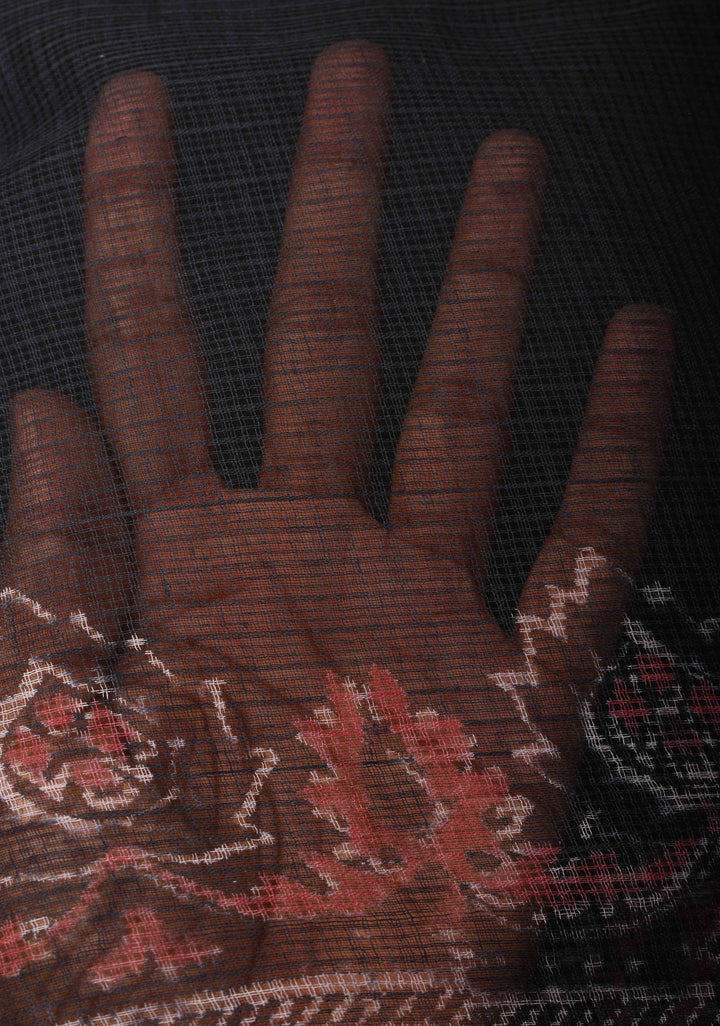 Black Kota Doria Cotton Saree with Sanganeri Hand Block Print and Minimal Zari Border