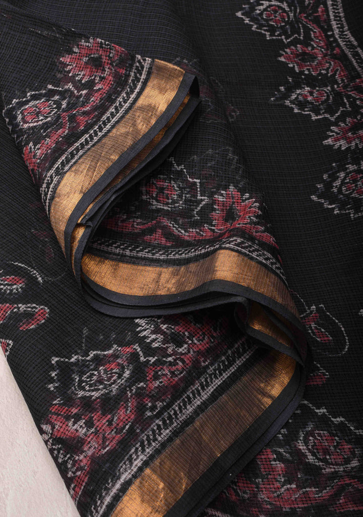 Black Kota Doria Cotton Saree with Sanganeri Hand Block Print and Minimal Zari Border