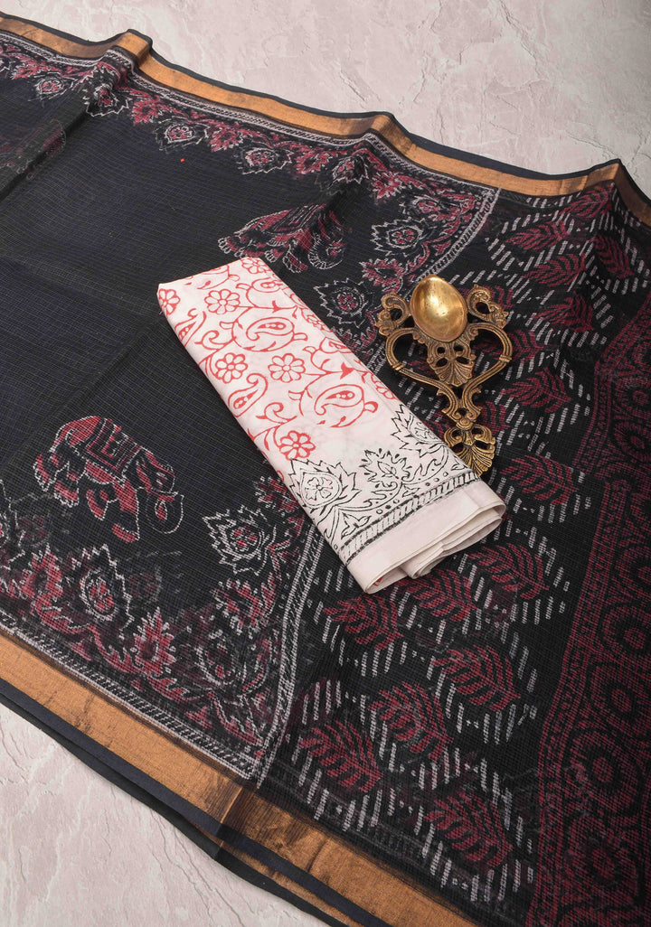 Black Kota Doria Cotton Saree with Sanganeri Hand Block Print and Minimal Zari Border
