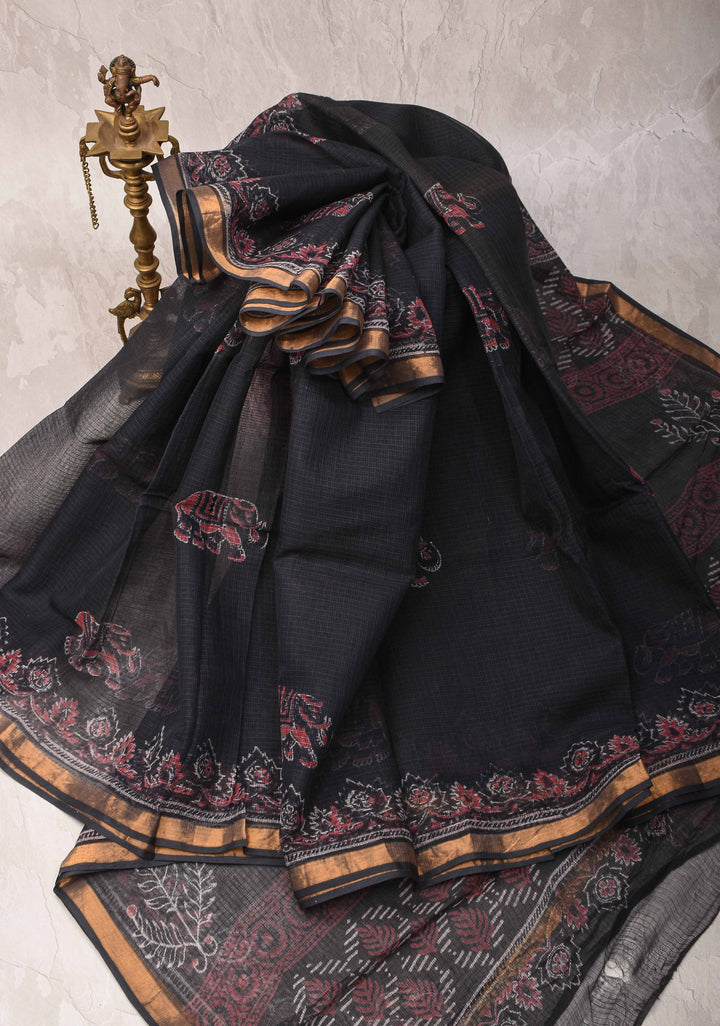 Black Kota Doria Cotton Saree with Sanganeri Hand Block Print and Minimal Zari Border