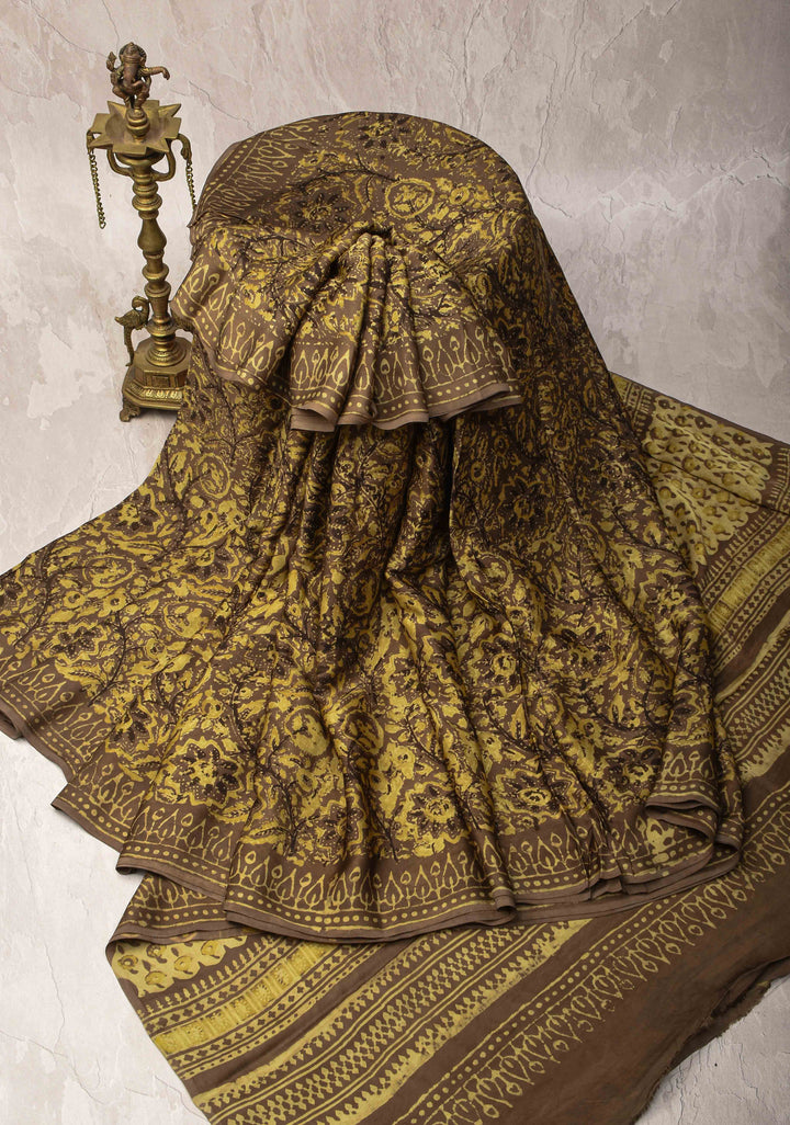 Ochre Vanaspati Hand Block Print on Modal Silk Saree