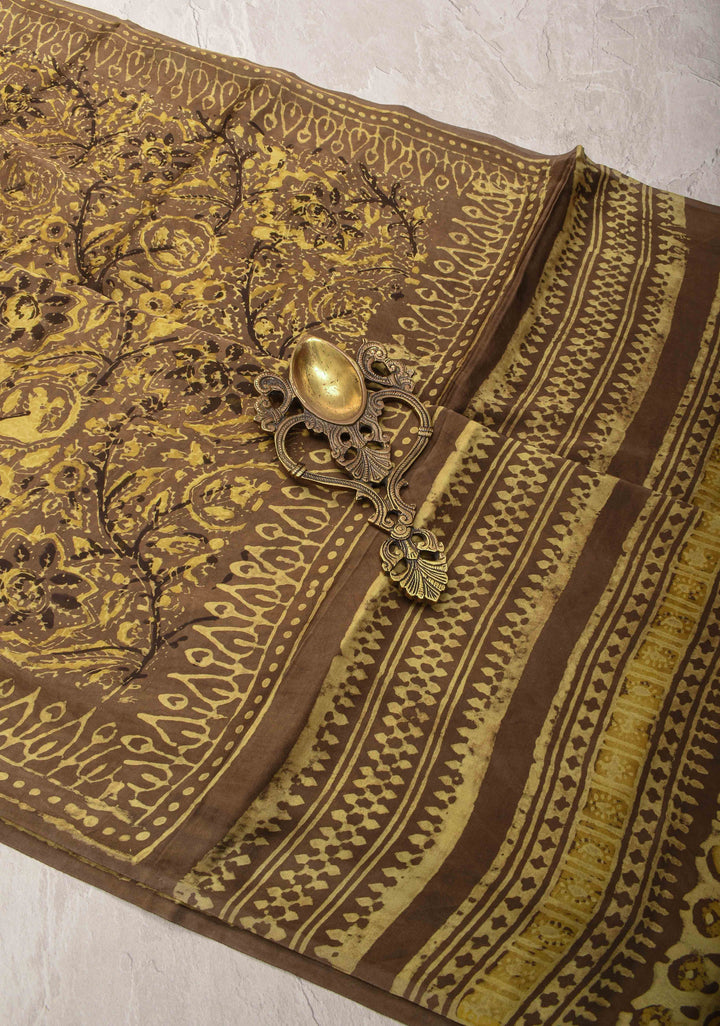 Ochre Vanaspati Hand Block Print on Modal Silk Saree