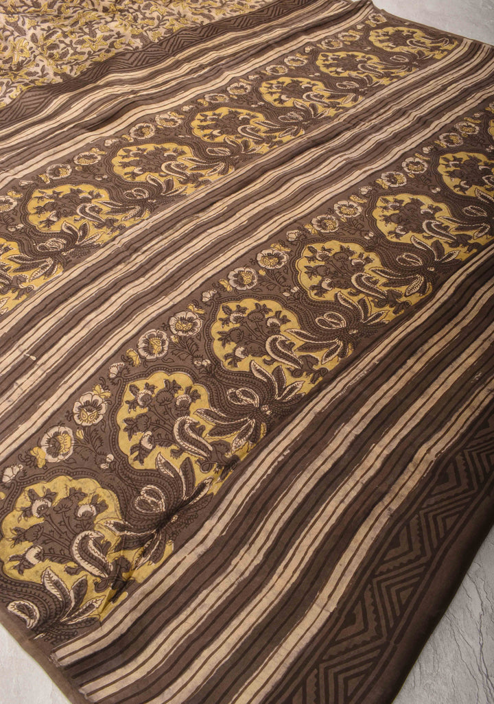 Beige Vanaspati Hand Block Print on Modal Silk Saree