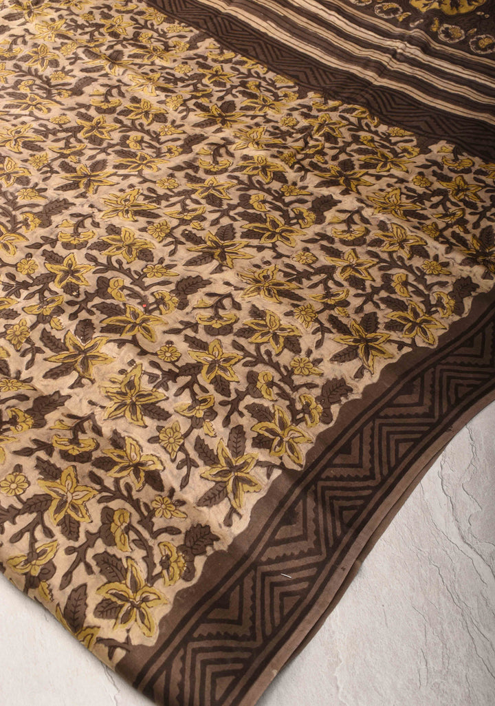 Beige Vanaspati Hand Block Print on Modal Silk Saree