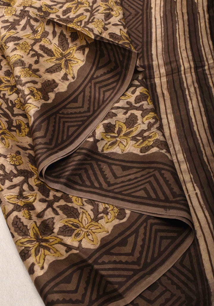 Beige Vanaspati Hand Block Print on Modal Silk Saree