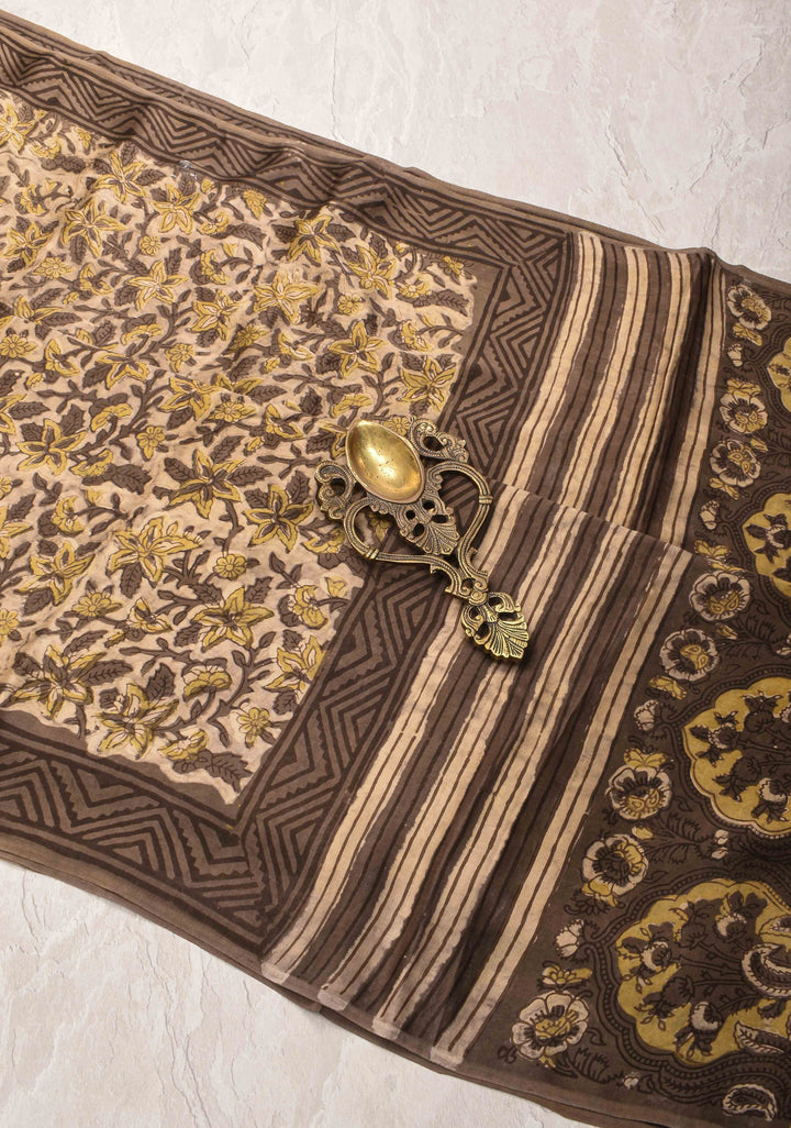 Beige Vanaspati Hand Block Print on Modal Silk Saree