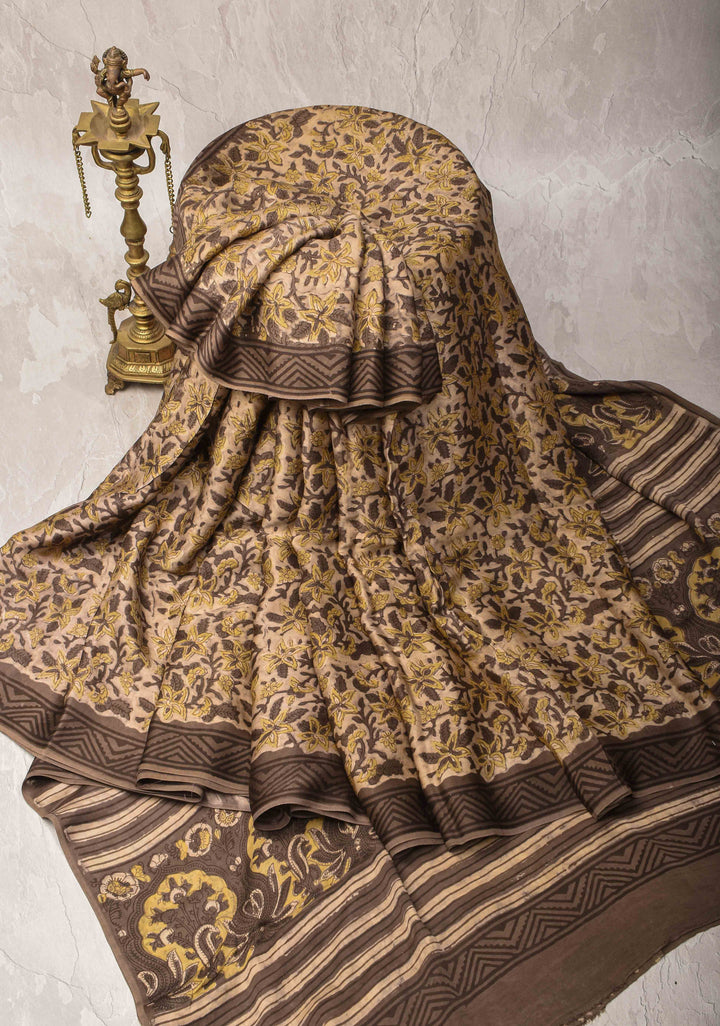 Beige Vanaspati Hand Block Print on Modal Silk Saree