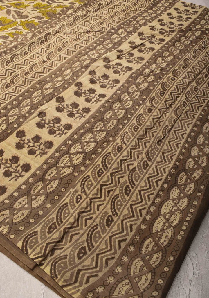 Light Beige Pure Cotton Saree with Floral Hand Block Print