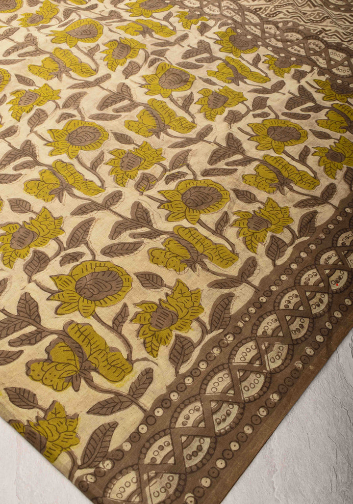 Light Beige Pure Cotton Saree with Floral Hand Block Print