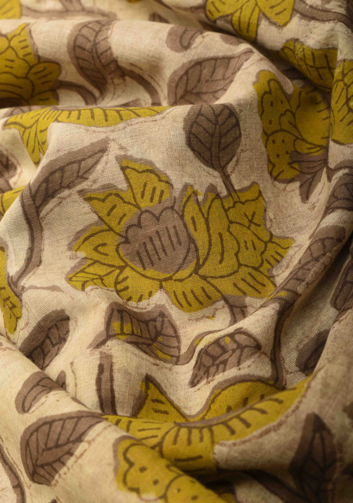 Light Beige Pure Cotton Saree with Floral Hand Block Print