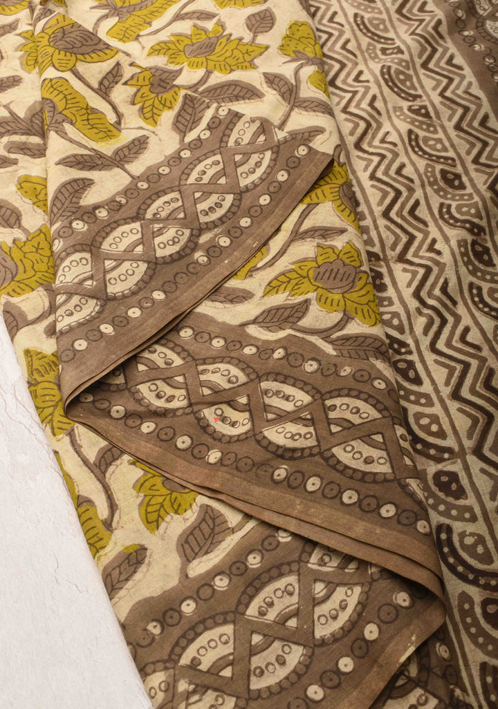 Light Beige Pure Cotton Saree with Floral Hand Block Print