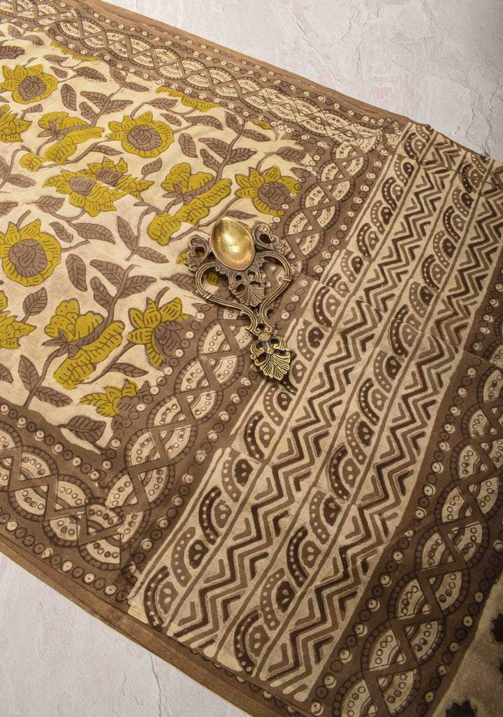 Light Beige Pure Cotton Saree with Floral Hand Block Print