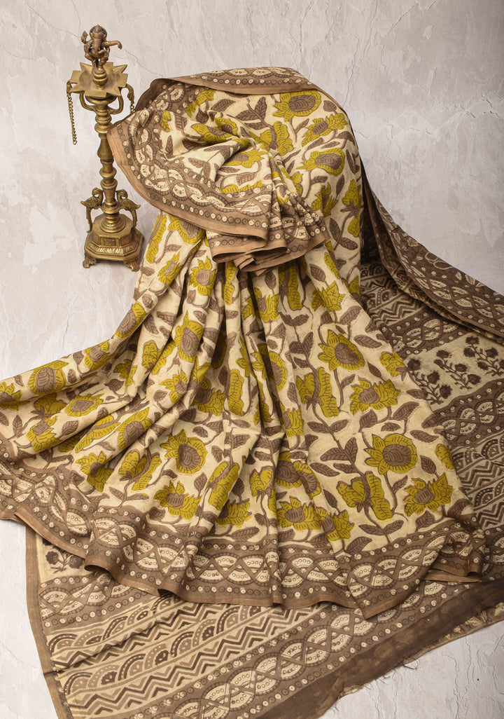 Light Beige Pure Cotton Saree with Floral Hand Block Print