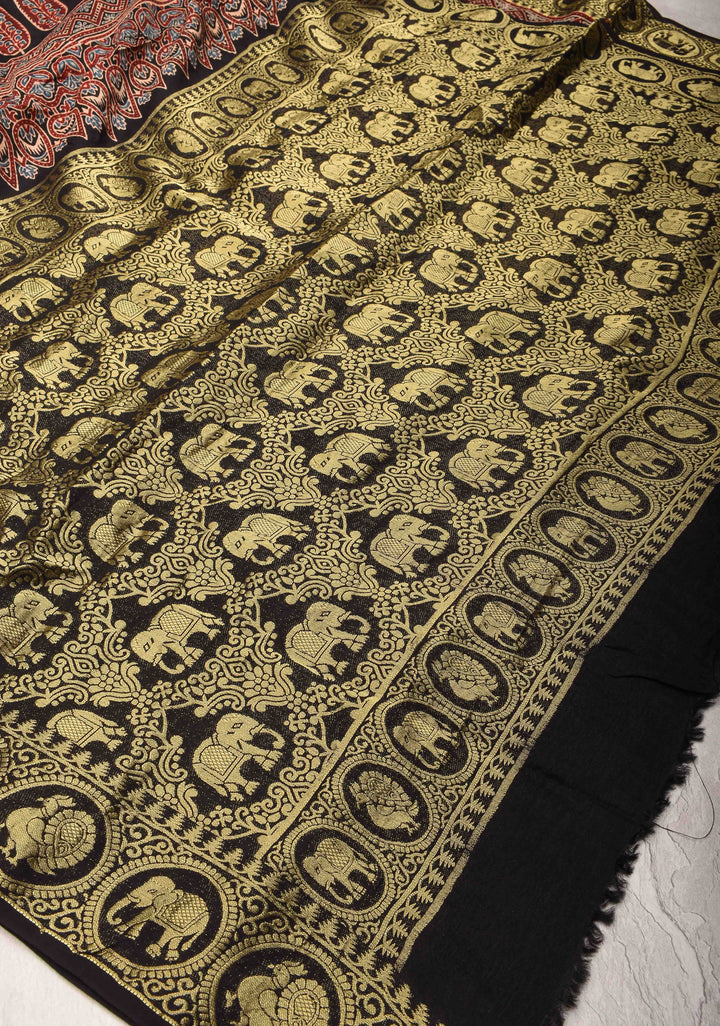 Black Ajrakh Hand Block Print on dola Silk Saree with zari border
