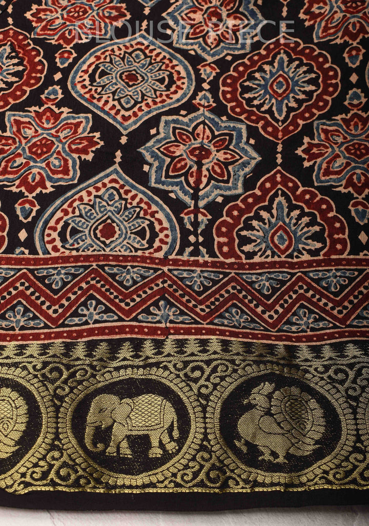 Black Ajrakh Hand Block Print on dola Silk Saree with zari border