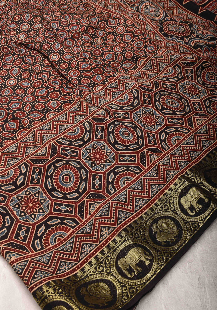 Black Ajrakh Hand Block Print on dola Silk Saree with zari border