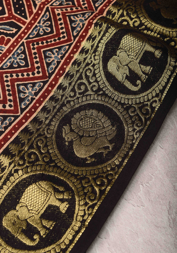 Black Ajrakh Hand Block Print on dola Silk Saree with zari border