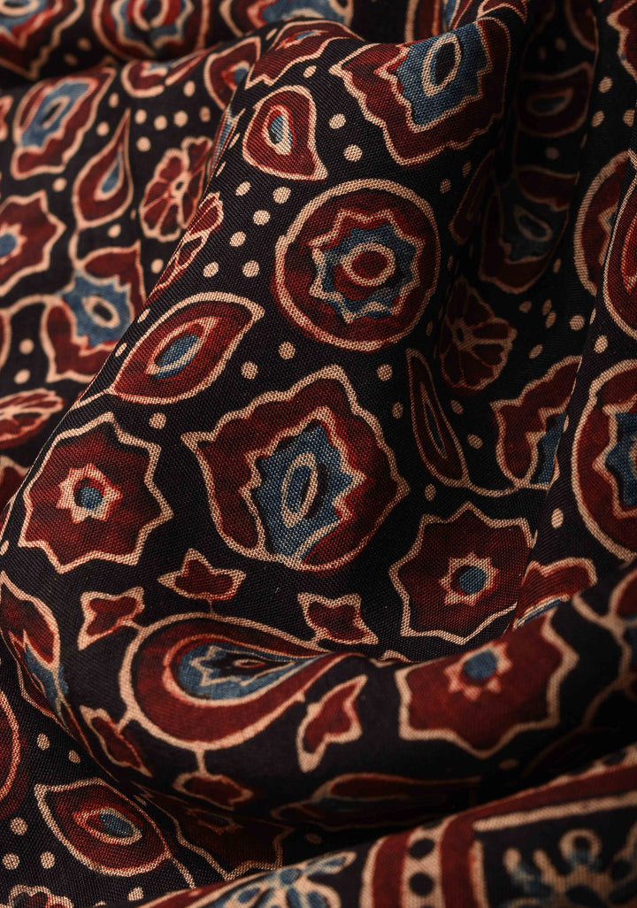 Black Ajrakh Hand Block Print on dola Silk Saree with zari border