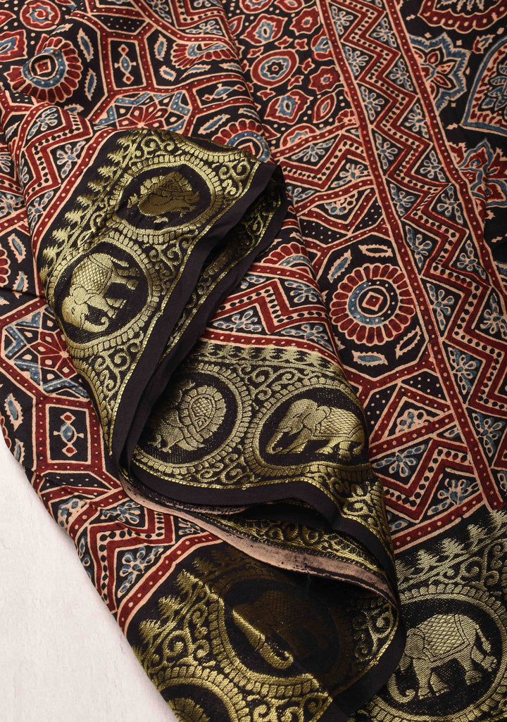 Black Ajrakh Hand Block Print on dola Silk Saree with zari border