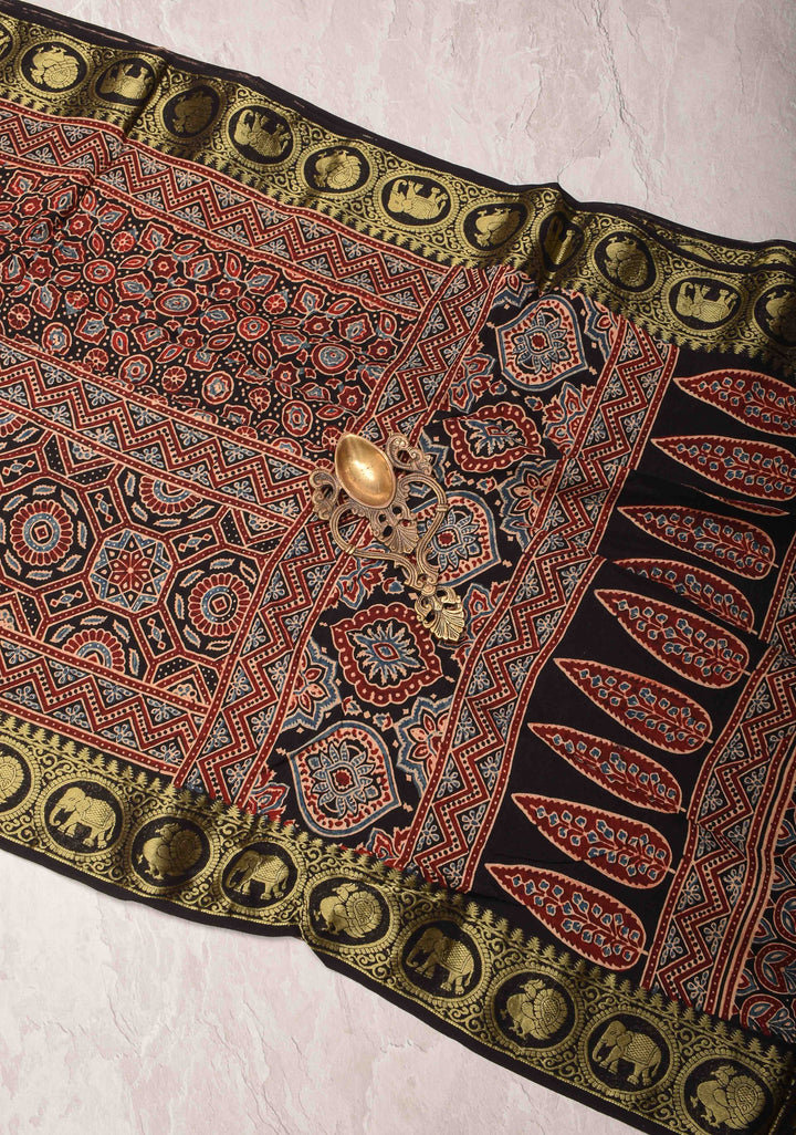 Black Ajrakh Hand Block Print on dola Silk Saree with zari border