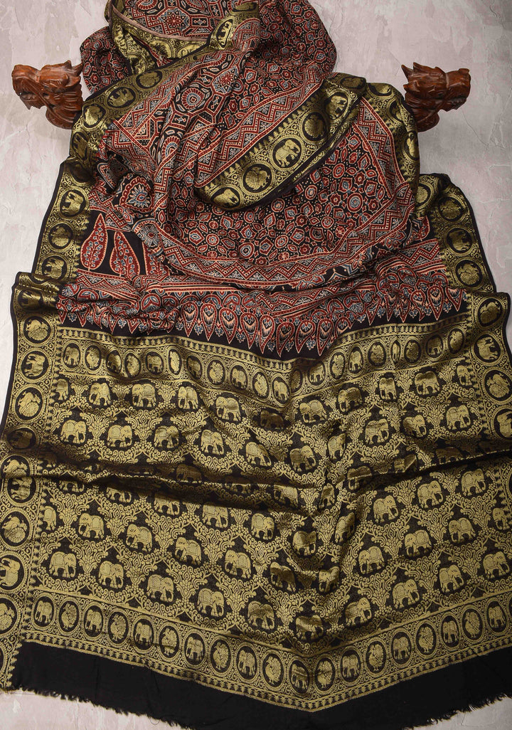Black Ajrakh Hand Block Print on dola Silk Saree with zari border