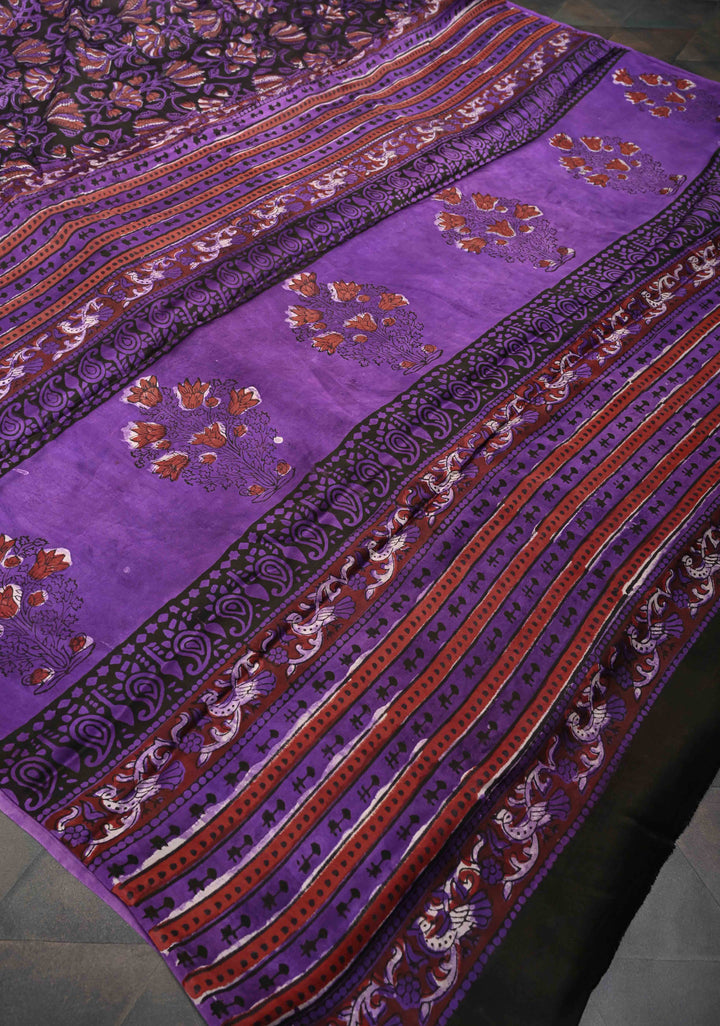 Purple Brown Modal Silk Saree with Vanaspati Floral Hand Block Print