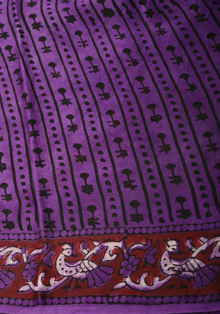 Purple Brown Modal Silk Saree with Vanaspati Floral Hand Block Print