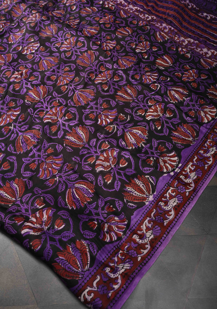 Purple Brown Modal Silk Saree with Vanaspati Floral Hand Block Print