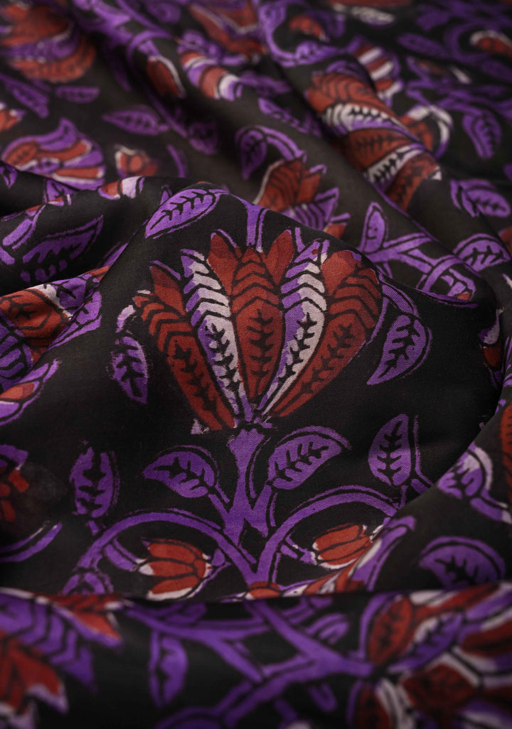 Purple Brown Modal Silk Saree with Vanaspati Floral Hand Block Print